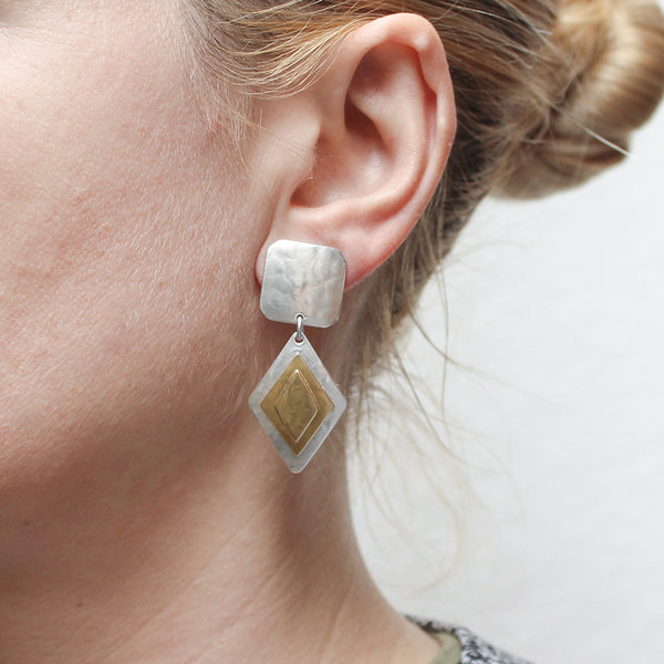 Rounded Square with Layered Diamonds Clip or Post Earring