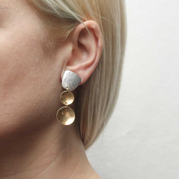 Tapered Square Linked with Two Tiered Dished Discs Clip or Post Earring