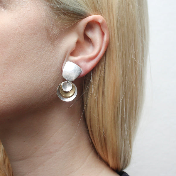 Tapered Square with Tiered and Layered Dished Discs Clip or Post Earring