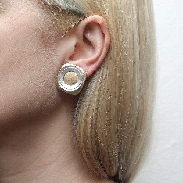 Large Rounded Square with Layered Wide Rings Clip or Post Earring