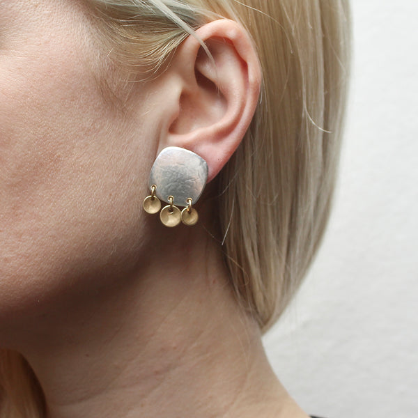 Large Rounded Square with Three Dished Discs Clip or Post Earring