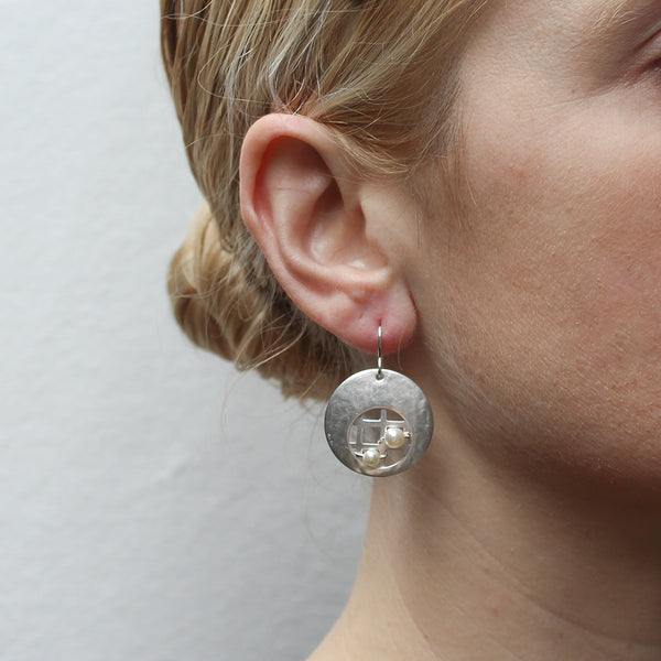 Medium Cutout Disc with Grid and Pearls Wire Earring