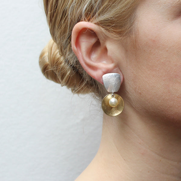Tapered Square with Pearl and Disc Clip or Post Earring