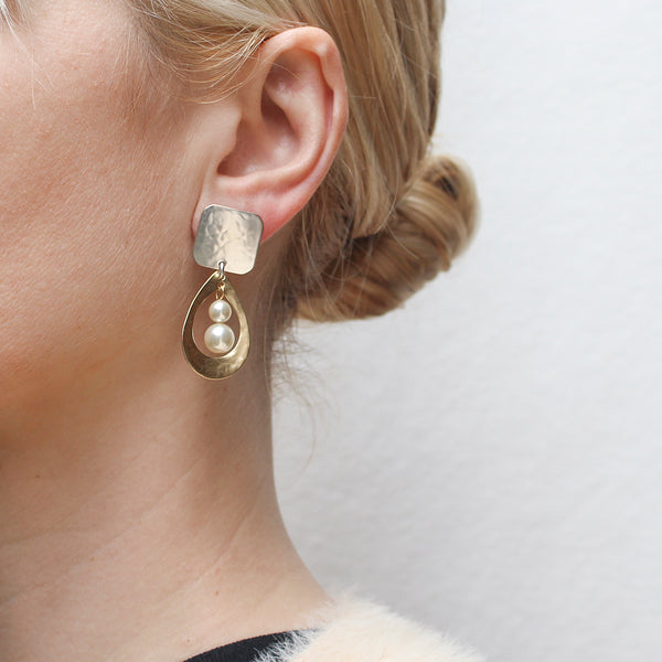 Square with Teardrop and Pearls Clip or Post Earring