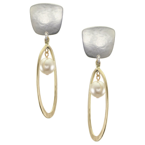 Tapered Square with Oval Hoop and Pearl Clip or Post Earring