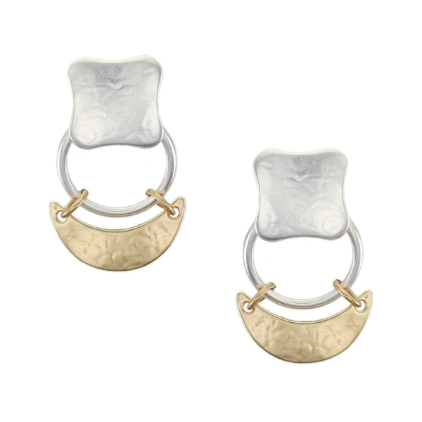 Small Rounded Square with Ring and Hinged Crescent Clip or Post Earrings