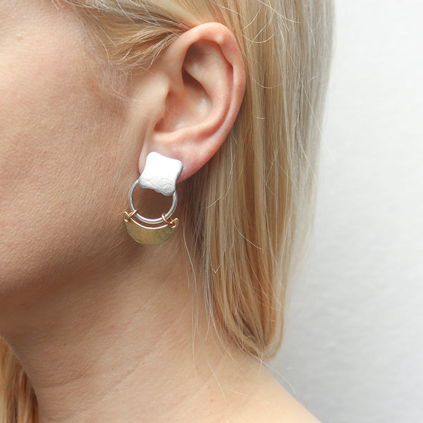Small Rounded Square with Ring and Hinged Crescent Clip or Post Earrings