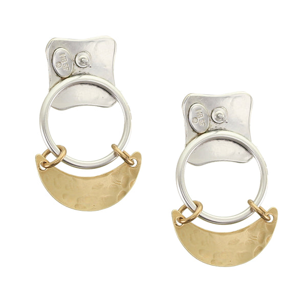 Small Rounded Square with Ring and Hinged Crescent Clip or Post Earrings