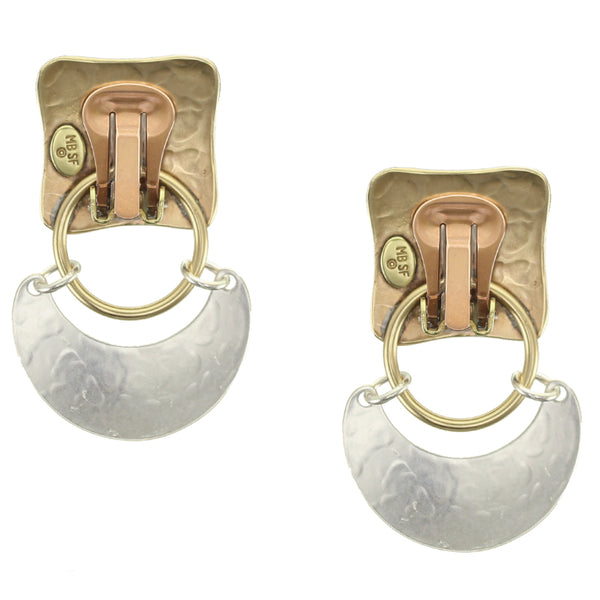 Large Rounded Square with Ring and Hinged Crescent Clip or Post Earrings