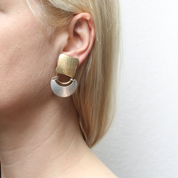 Large Rounded Square with Ring and Hinged Crescent Clip or Post Earrings