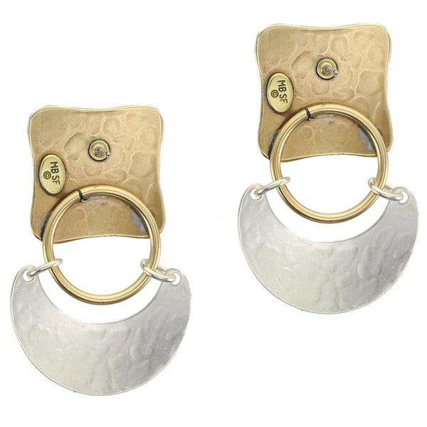 Large Rounded Square with Ring and Hinged Crescent Clip or Post Earrings