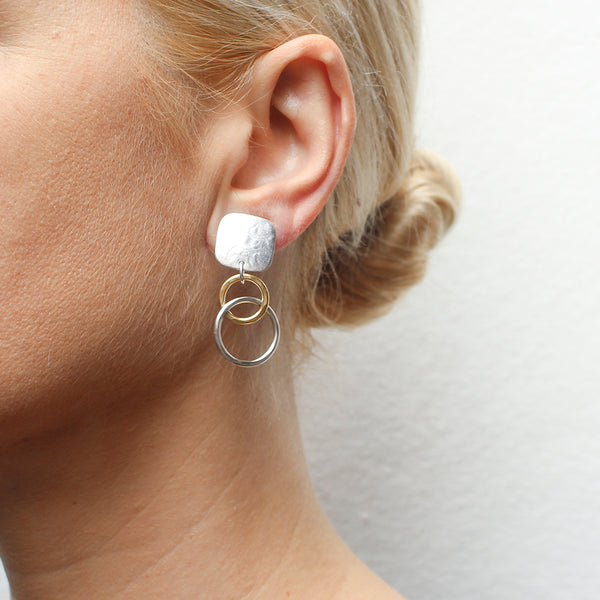 Rounded Square with Small Intertwined Hammered Rings Clip or Post Earrings