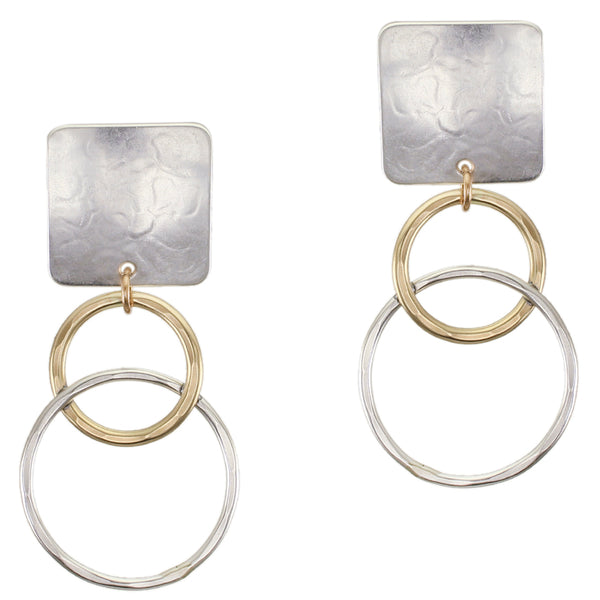 Square with Medium Intertwined Hammered Rings Clip or Post Earrings