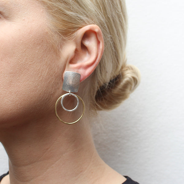 Medium Rectangle with Hammered Rings Clip or Post Earrings