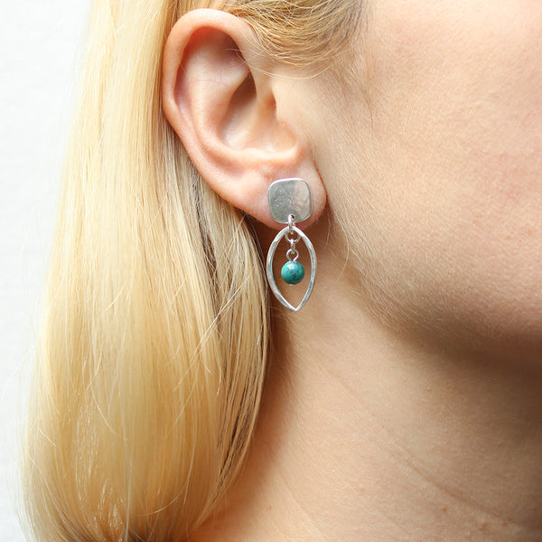 Square with Small Leaf Ring with Turquoise Bead Post Earrings