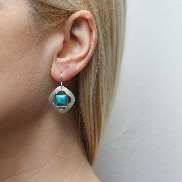 Square with Cutout Flower and Turquoise Gem Wire Earrings