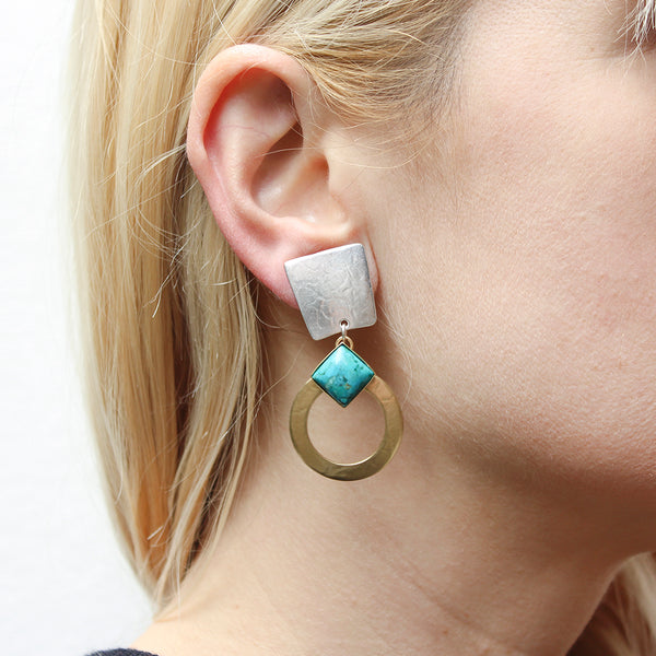 Tapered Rectangle with Wide Ring and Turquoise Gem Clip or Post Earrings