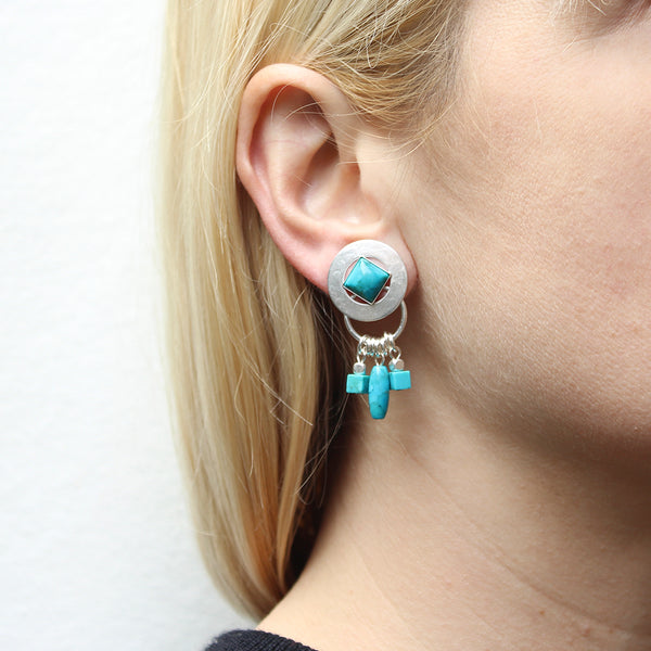 Square Turquoise Gem with Ring and Beads Clip or Post Earrings