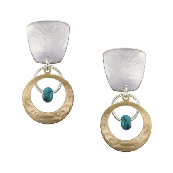 Tapered Square with Ring, Cutout and Turquoise Bead Clip or Post Earrings