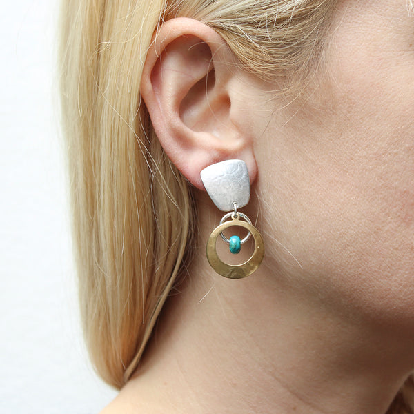 Tapered Square with Ring, Cutout and Turquoise Bead Clip or Post Earrings