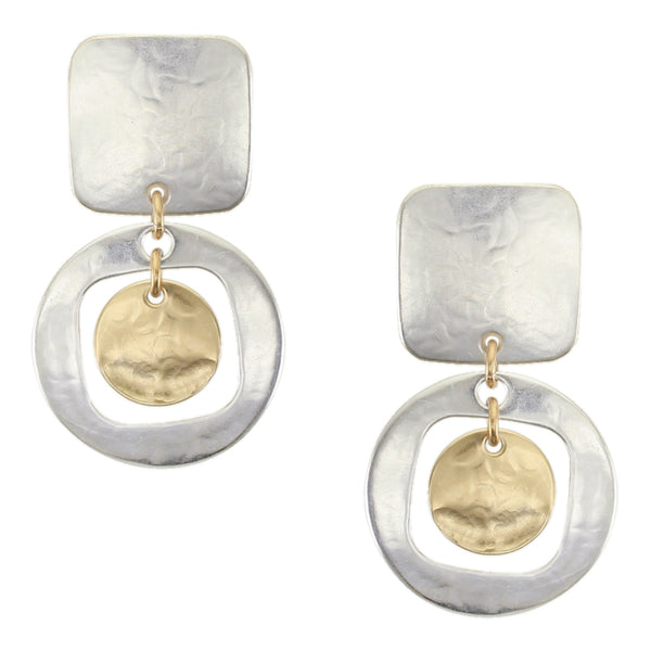 Square with Cutout Disc with Hanging Disc Clip or Post Earring