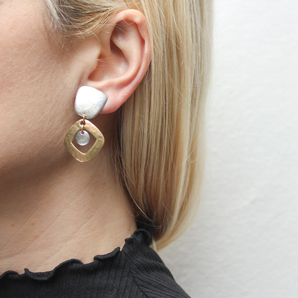 Tapered Square with Cutout Diamond with Hanging Disc Clip or Post Earring