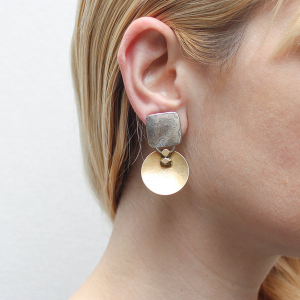 Rounded Square with Dished Disc and Beads Post or Clip Earring
