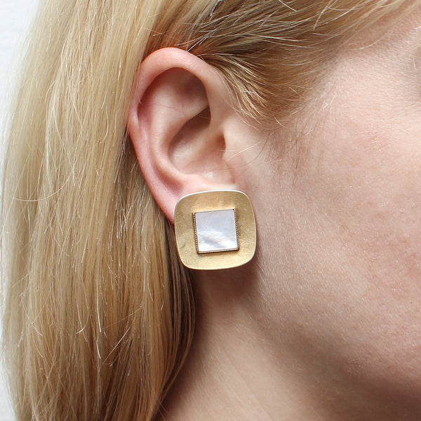 Rounded Square with Square Gemstone Clip or Post Earring