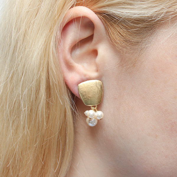 Tapered Square with Clustered Cream Pearls Clip or Post Earring