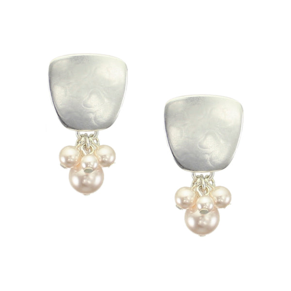 Silver Tapered Square with Clustered Cream Pearls Clip or Post Earring