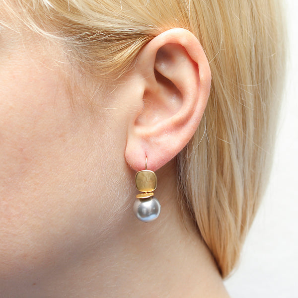 Rounded Square with Flat Disc and Grey Pearl Earring