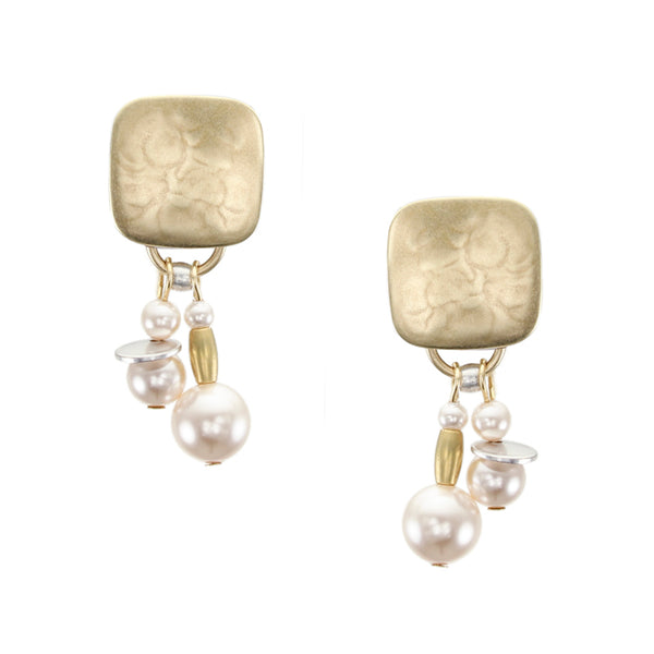 Rounded Square with Cream Pearls, Flat Discs and Beads Clip Earring