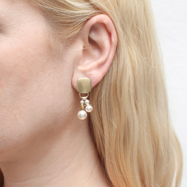 Rounded Square with Cream Pearls, Flat Discs and Beads Post Earring