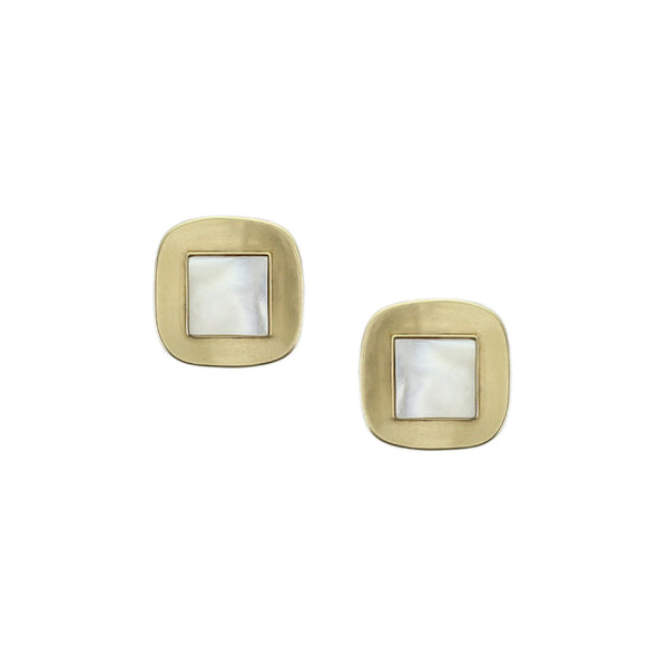 Small Brass Rounded Square with Gemstone Clip or Post Earring