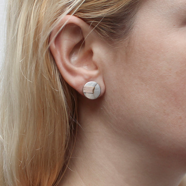 Small Wire Wrapped Crescent Over a Domed Disc Post Earring