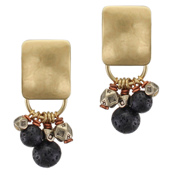 Rounded Rectangle with Textured Black and Metal Beads Post or Clip Earring