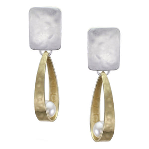 Rectangle with Long Loop and White Pearl Post or Clip Earring