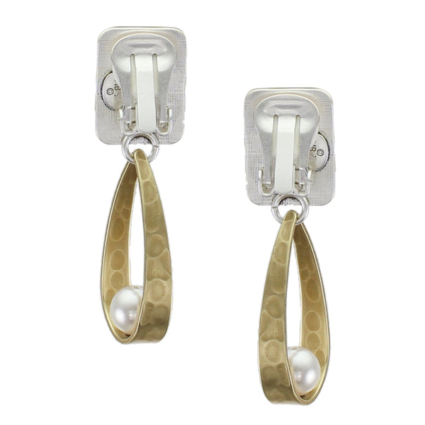 Rectangle with Long Loop and White Pearl Post or Clip Earring
