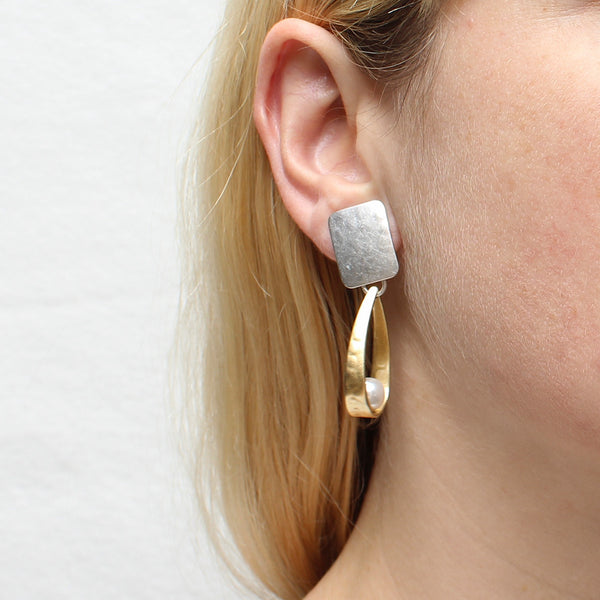 Rectangle with Long Loop and White Pearl Post or Clip Earring