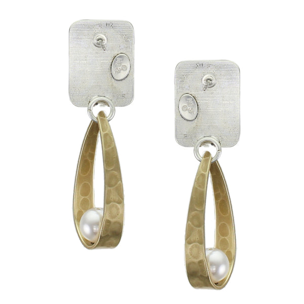 Rectangle with Long Loop and White Pearl Post or Clip Earring