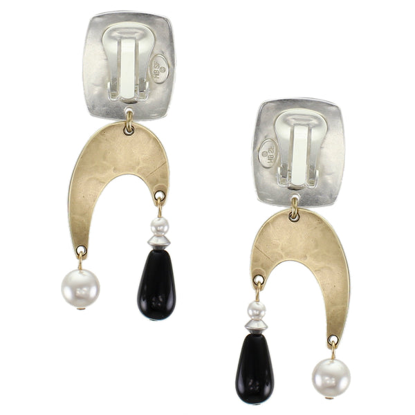 Rounded Rectangle and Arch with White Pearls and Black Bead Post or Clip Earring