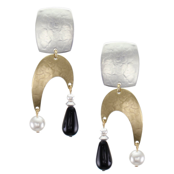 Rounded Rectangle and Arch with White Pearls and Black Bead Post or Clip Earring