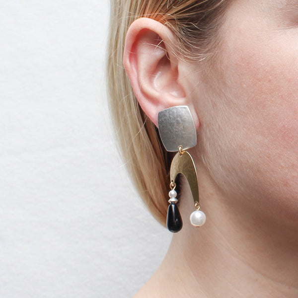 Rounded Rectangle and Arch with White Pearls and Black Bead Post or Clip Earring