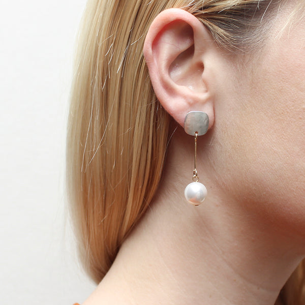 Small Rounded Square with Extended White Pearl Drop Post Earring