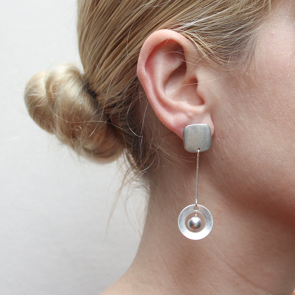 Rounded Square with Extended Ring and Grey Pearl Drop Post Earring