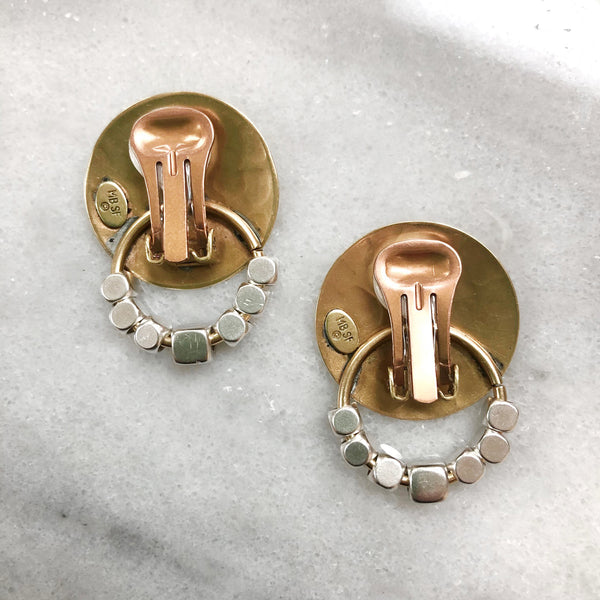 Disc with Cube Beads Clip Earring
