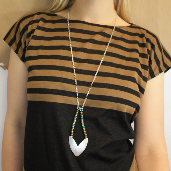 Chevron with Metal and Turquoise Beads Long Necklace