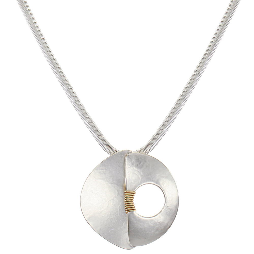 Dished Semi Circle with Overlapping Domed Semi Circle with Cutout and Wire Wrapping Necklace
