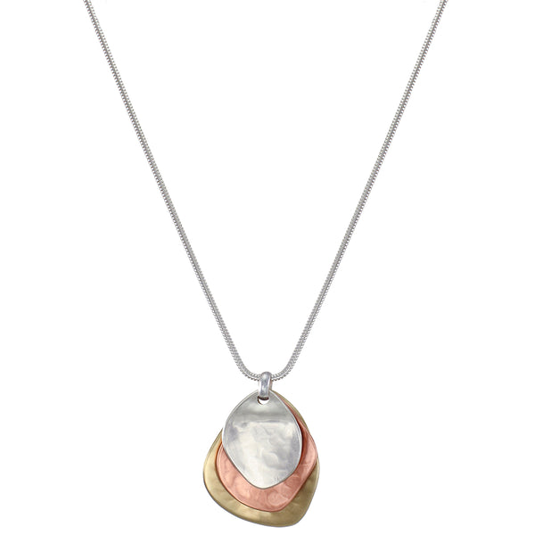 Three Hammered Petals on Long Snake Chain Necklace