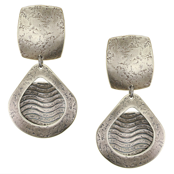 Rounded Rectangle with Cutout Teardrop and Patterned Disc Post or Clip Earring